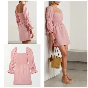 EUC Reformation Zoya 100% Linen Carnation Pink Smocked Cottagecore Dress Latge